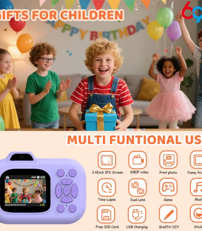 Instant Print Camera For Kids Mini Digital Video Camera 1080P Dual Lens Photo Printing Thermal Paper Camera Boys Girls Gifts New